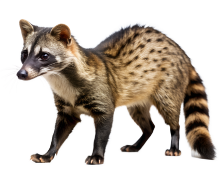 A civet cat with distinctive markings walking on a transparent background isolated on transparent background