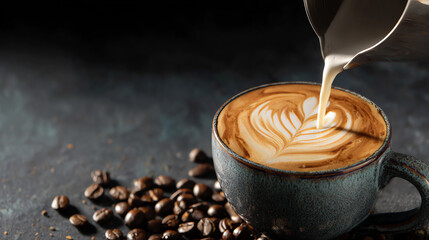 A beautifully crafted latte art being poured into a dark coffee cup, surrounded by roasted coffee beans on a rustic table.