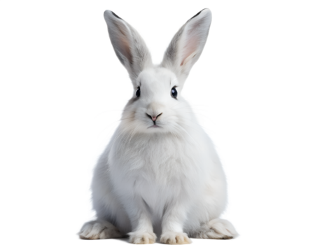 Close up of a fluffy white rabbit sitting attentively isolated on transparent background