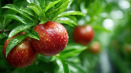 Close-Up: Red Plums with Dew Drops on Green Leaves
