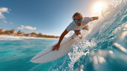 Dynamic surfer riding a powerful wave in bright sunlight for active lifestyle marketing.