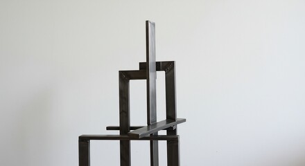 Modern metal sculpture of interconnected dark rectangular bars against a plain white wall