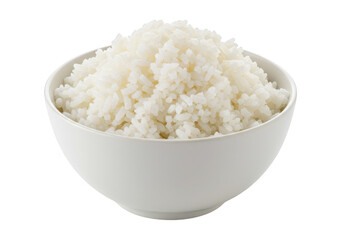 A white ceramic bowl filled with fluffy white rice isolated on transparent background