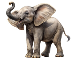 Fototapeta premium A young african elephant calf with its trunk raised and mouth open isolated on transparent background