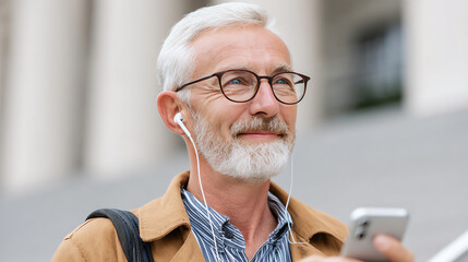A cheerful senior man enjoying music on his smartphone while walking outdoors, showcasing modern technology and lifestyle.