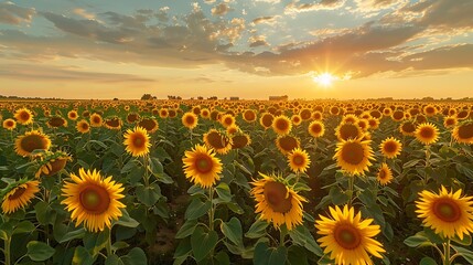 Fototapeta premium sunflower Farm At Peak Bloom, With Thousands Of Tall Sunflowers Facing The Sun. The Sky Is Dramatic, With Scattered Clouds Casting Soft Shadows Across The Field. A Distant Bar
