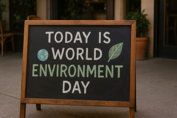 Chalkboard sign promoting World Environment Day with earth and leaf symbols, emphasizing environmental awareness and sustainability