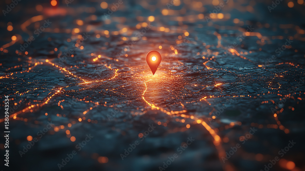 Poster a close-up view of a digital map with illuminated paths and a location marker, symbolizing navigatio