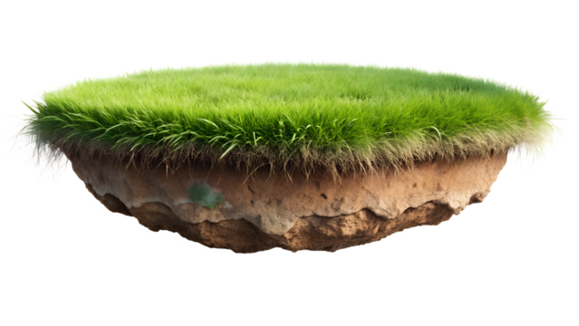 Floating island with green grass and soil layers isolated on transparent background