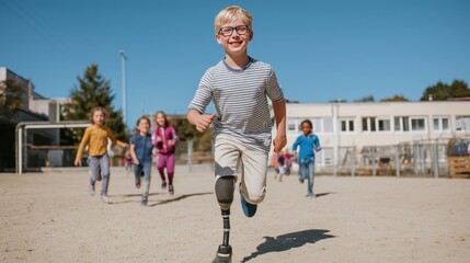 Happy boy with a prosthetic leg running on a school playground, surrounded by joyful classmates. Empowering image of inclusion, childhood energy and resilience in everyday life.