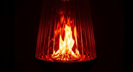Fototapeta premium Flames burning inside a transparent, conical structure, creating a warm, fiery glow in the darkness.