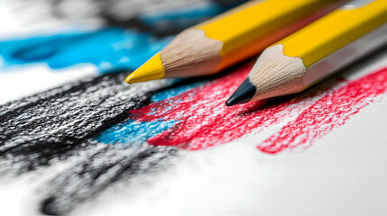 Colorful pencils and marks on white paper