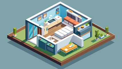 Isometric View of a Modern Home Interior with Minimalist Design and Landscaping