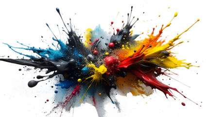 Vibrant abstract paint explosion with multiple colors and splashes isolated on transparent background