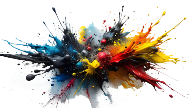 Vibrant abstract paint explosion with multiple colors and splashes isolated on transparent background