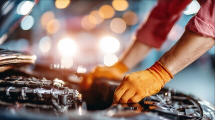 Car mechanic with focused expression inspecting engine under bright light. Close-up view of man in gloves working under car hood in garage. Concept of auto repair, maintenance, and diagnostics.