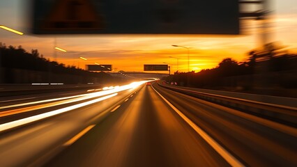 Obraz premium A sunset highway glows with blurred vehicle lights, capturing golden hour's dynamic motion.