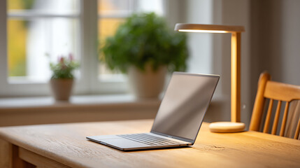 Fototapeta premium A cozy workspace featuring a laptop and a modern lamp, perfect for productivity and creativity.