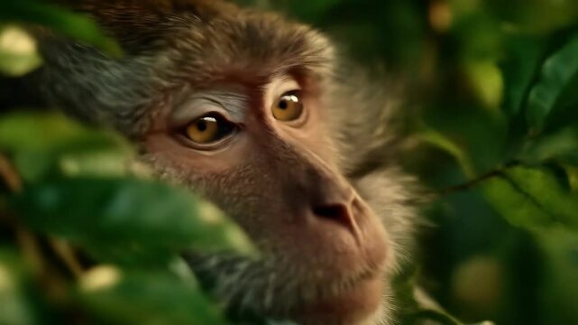 Close up of monkey face peering through green leaves in jungle