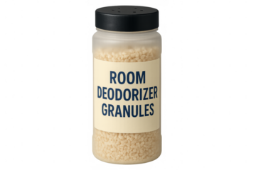 Room deodorizer granules in transparent jar with black lid on transparent background