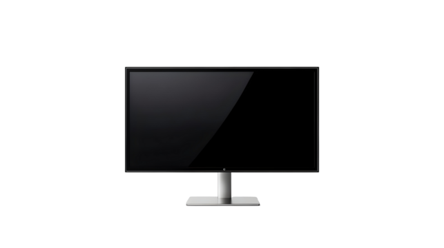 Modern black computer monitor with sleek design on stand against black background