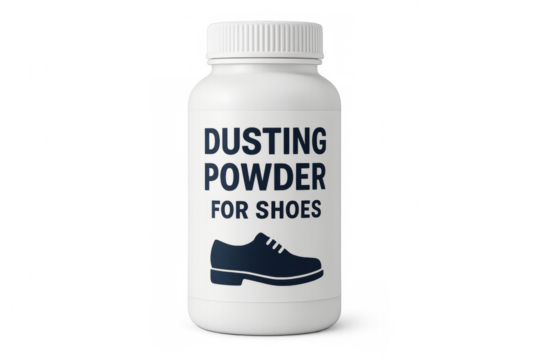 Dusting powder for shoes in a white bottle on transparent background