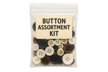 Button assortment kit in resealable plastic bag on transparent background