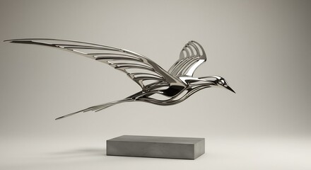 Polished silver abstract bird sculpture in flight featuring skeletal wings on a dark rectangular base