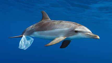Fototapeta premium A dolphin swims through clear blue waters, entangled in a plastic bag, showcasing the impact of pollution on marine life.