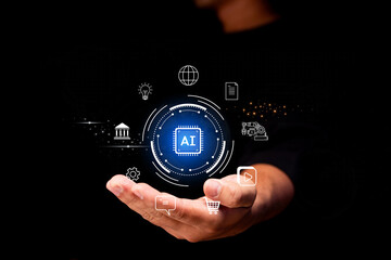 A hand holding a glowing AI chip surrounded by digital icons representing technology, data, and innovation on a dark background.