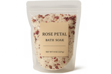 Rose petal bath soak in clear resealable pouch with transparent background
