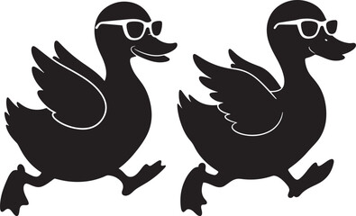 Fototapeta premium Two cartoon ducks wearing sunglasses running silhouette