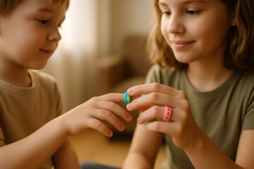 Two siblings exchange colorful toy rings, symbolizing playful bonding and creativity in a cozy home setting with soft natural light