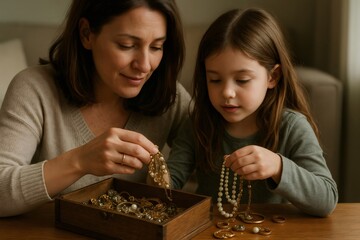 Mother and daughter share a moment sorting through family heirlooms, exploring treasured jewelry pieces with care and curiosity at home