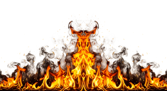 Illustration of a symmetrical fire and smoke pattern isolated on transparent background, creating a dynamic and intense effect