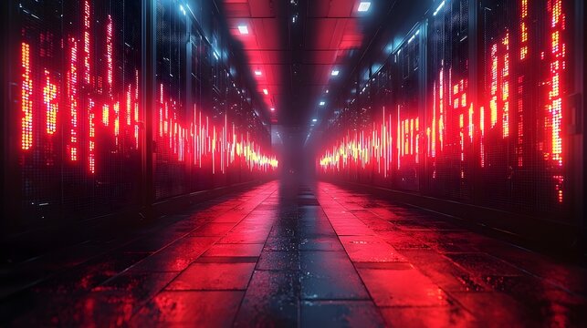 Neon lit data center with fluctuating trading graphs and reflective surfaces