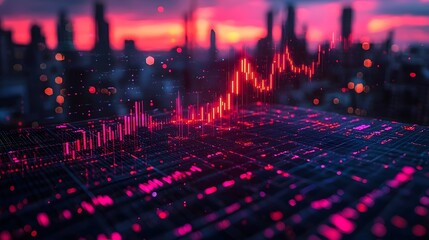 Neon trading candlestick graph floating above a digital crypto exchange