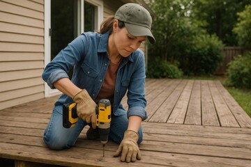 Skilled woman carpenter concentrating on repairing a wooden deck with a cordless drill in a backyard setting, enhancing home improvement