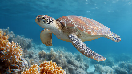 Fototapeta premium A graceful sea turtle gliding through the vibrant coral reef, showcasing the beauty of marine life beneath the ocean's surface.