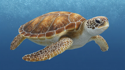 Obraz premium A graceful sea turtle swimming through clear blue waters, showcasing its unique shell patterns and serene nature.