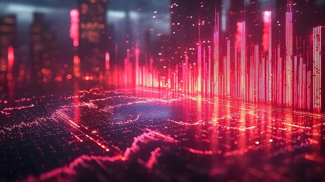 Neon financial graph crashing into digital fragments