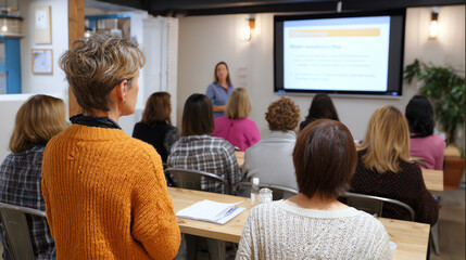 Obraz premium A group of professionals engaged in a presentation during a workshop session, fostering learning and collaboration.