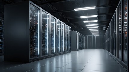 Fototapeta premium A modern, dimly lit data center with rows of server racks and bright overhead lights reflecting off the polished floor.