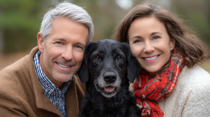 A happy couple poses with their black dog in a natural outdoor setting, showcasing love and companionship.