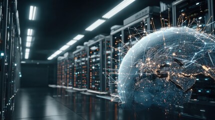 Obraz premium A futuristic server room with glowing data nodes and network connections illustrated over a digital globe.