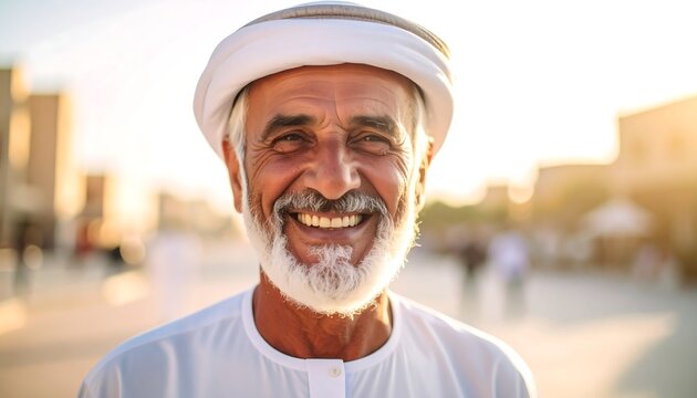 Smiling older man in traditional headwear