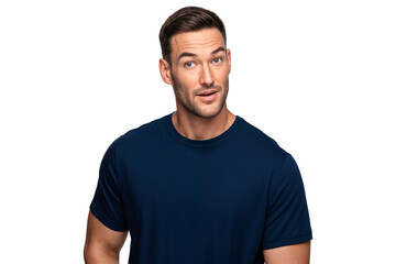 Fototapeta premium Smiling handsome man in a navy t-shirt with a surprised or curious expression, looking directly at the camera