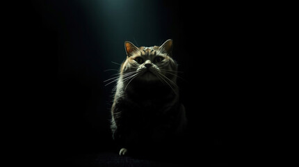 High contrast, low-key lighting a fat cat in a creepy atmosphere, deep shadows, dark tones, unsettling details..jpg