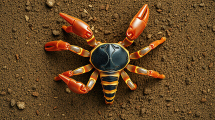 High-resolution stock photo of a scorpion from an overhead bird’s eye view, top-down perspective, professional quality, sharp focus, commercial use..jpg