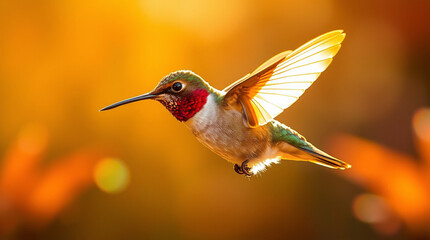 Hummingbird bathed in warm autumnal colors, bright lens flare effect, light streaks, vibrant earthy and cozy tones..jpg